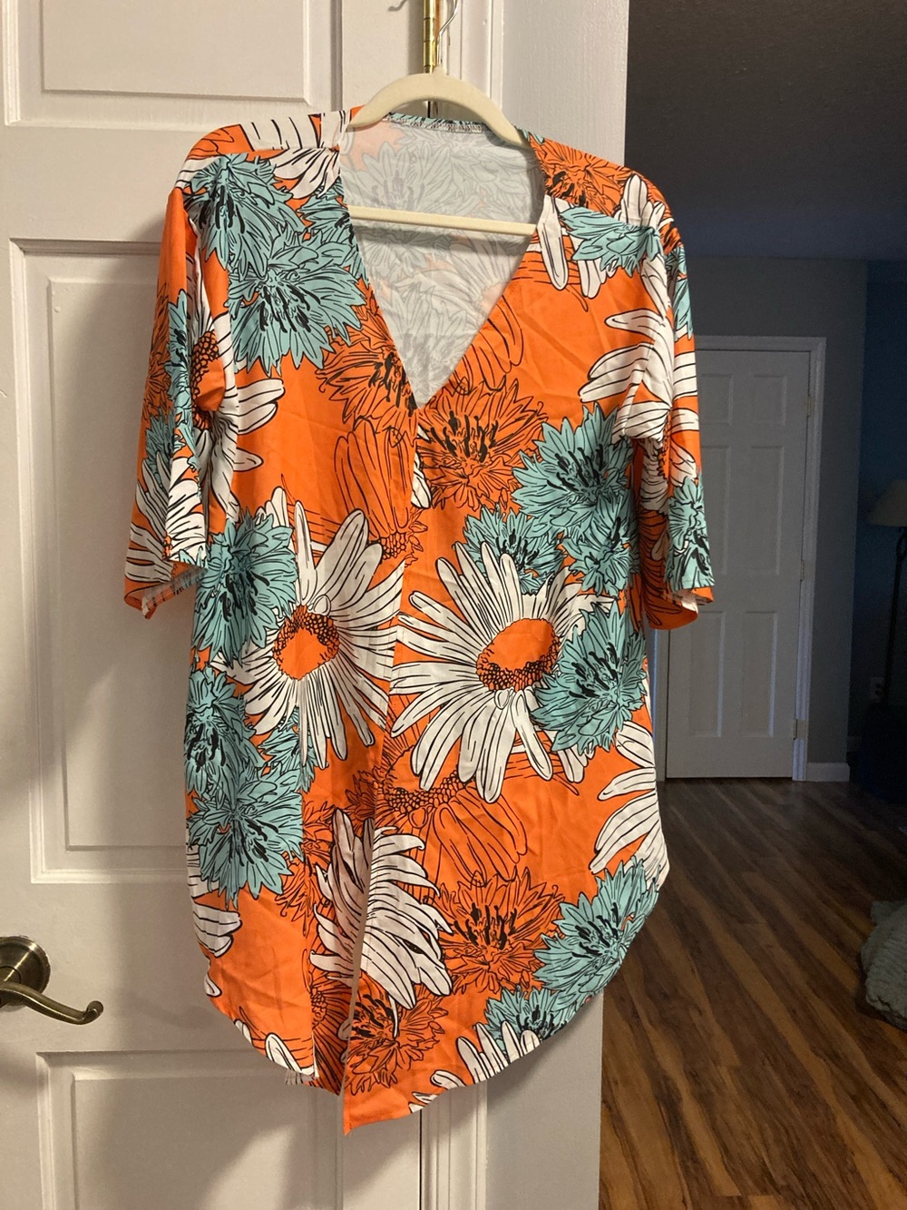 Source Unknown Orange & Aqua Floral V-Neck Tunic